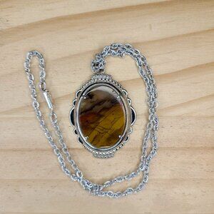 Vintage Jasper/Agate SilverTone Oval Pendant Necklace 17" Marked Germany